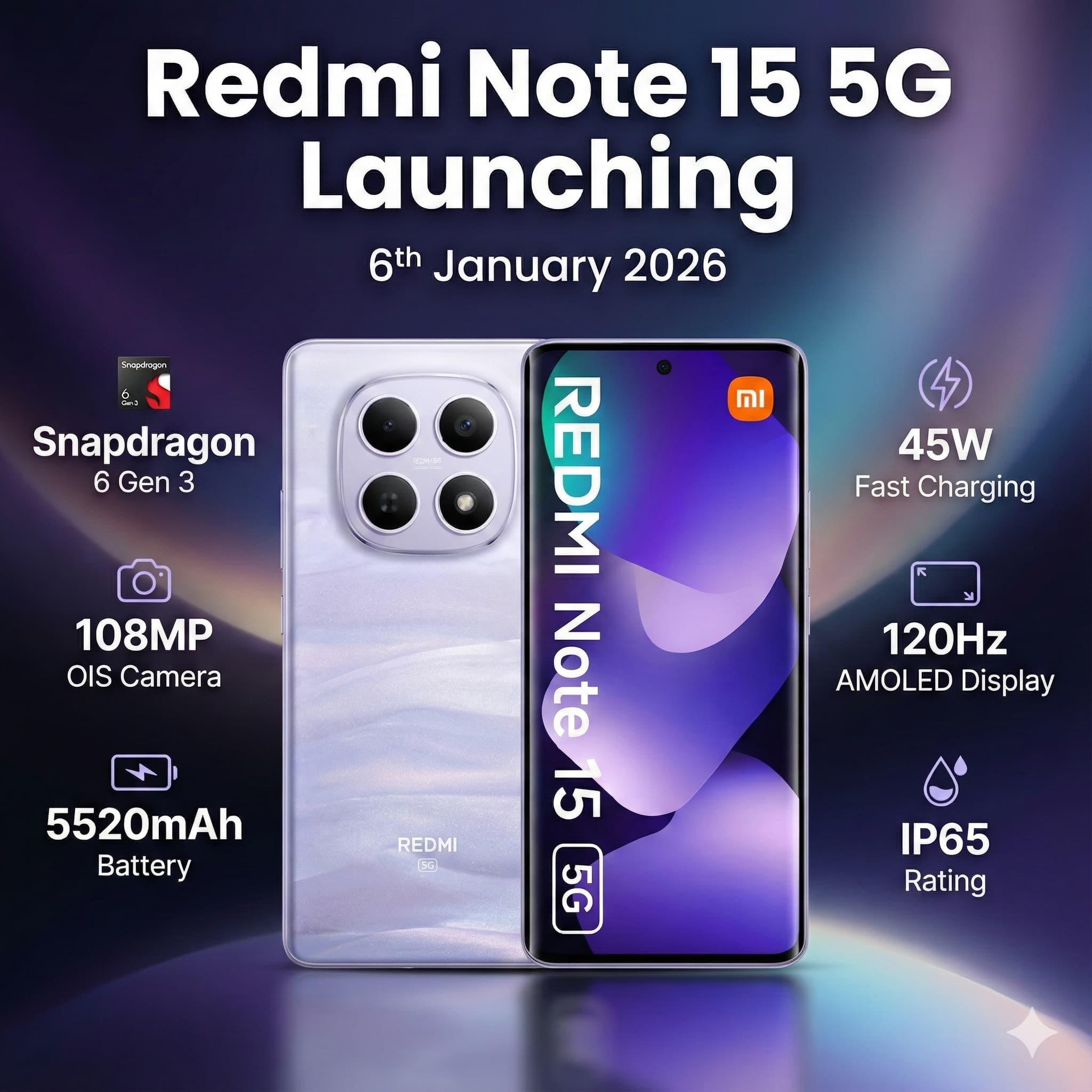 Технические характеристики Redmi Note 15 5G: чипсет Snapdragon 6 Gen 3, камера 108 Мп и батарея 5520 мАч